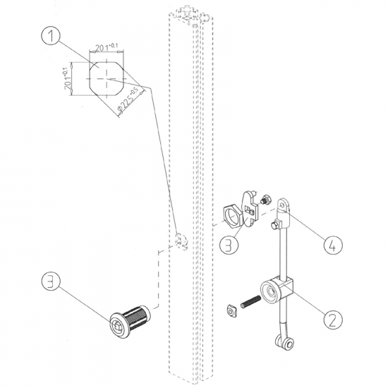 Serrure à tenon avec verrou tournant 45, 4 pans, 1 barre