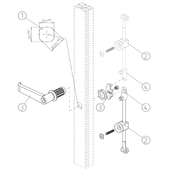 Serrure à tenon avec verrou tournant 45, avec serrure, 2 barres