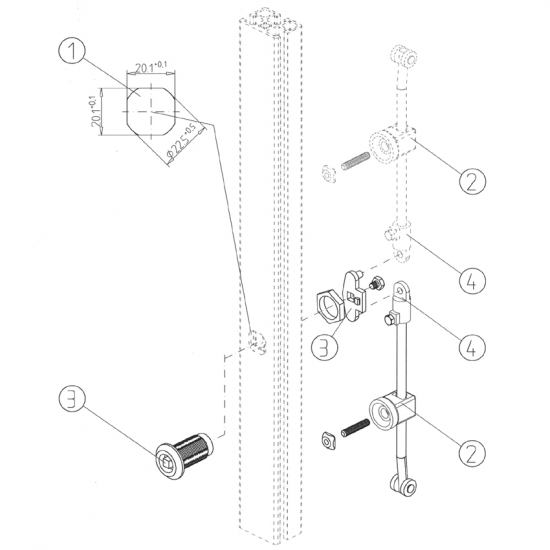 Serrure à tenon avec verrou tournant 32, 4 pans, 2 barres